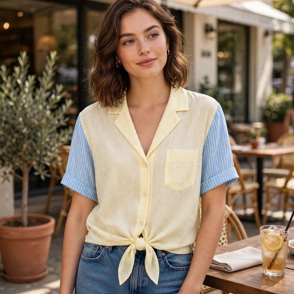 BCBGeneration Colorblock Striped Tie Front Top Yellow Blue Short Sleeve Small